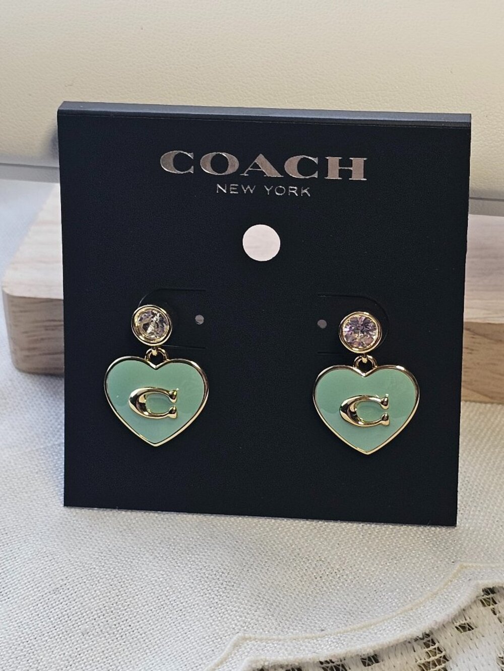 COACH Mint Green Heart Stud Earrings – Gold Tone & Crystal Accent